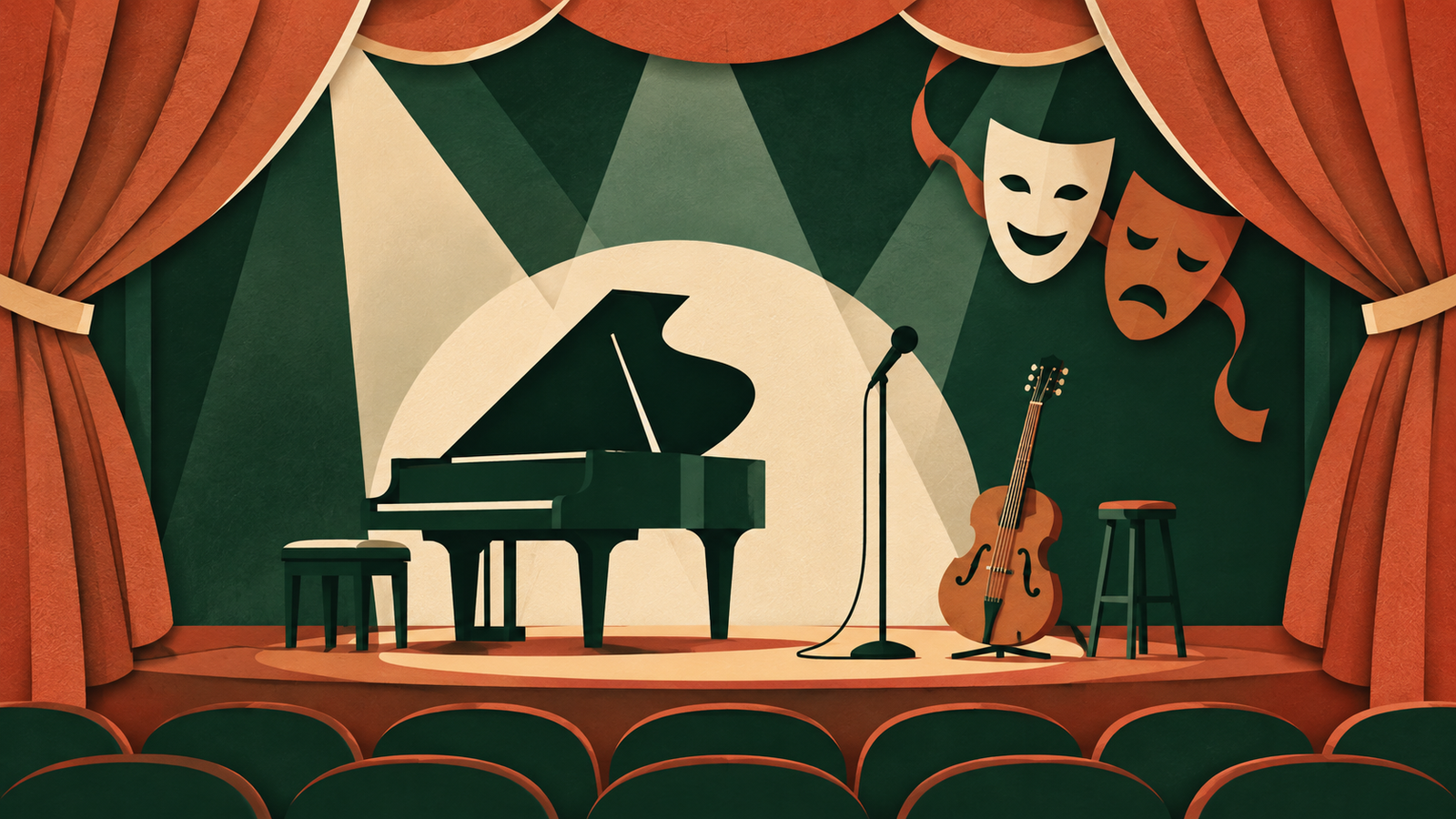 Ilustração editorial simbólica de teatro e música; não representa o espaço real. Crédito: Ilustração gerada por IA para Folha Nativa.